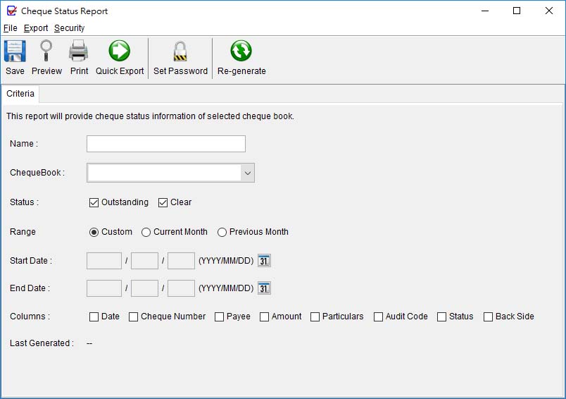 Cheque Status Report Dialog