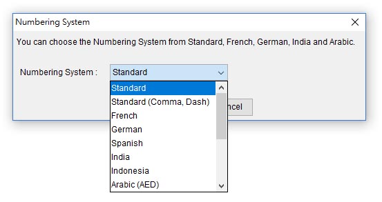 Choose different numbering system, Standard, French and India