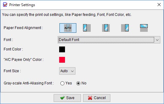 Settings for printer and font