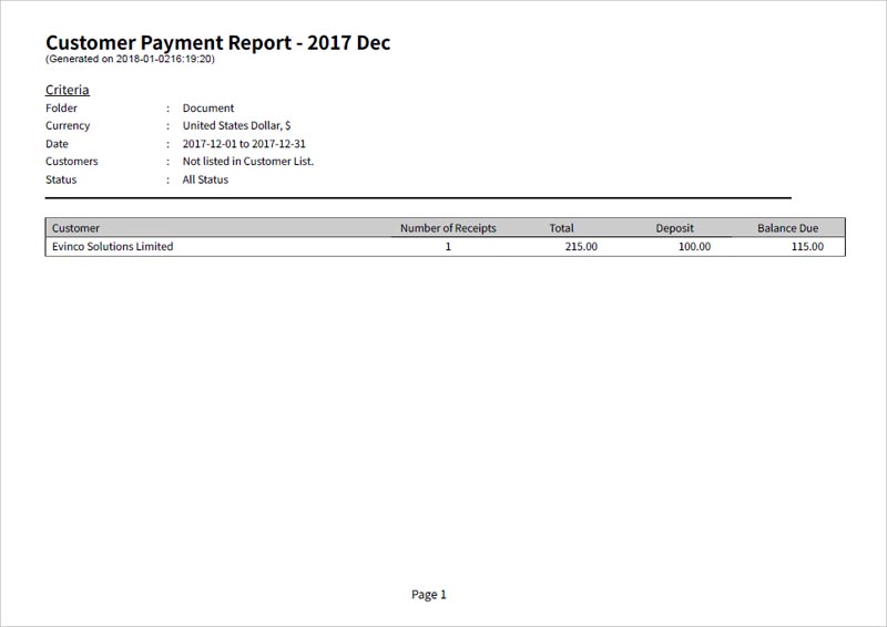 sample output for customer payment report