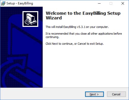 Welcome screen of install wizard