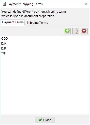 List of payment term and shipping term