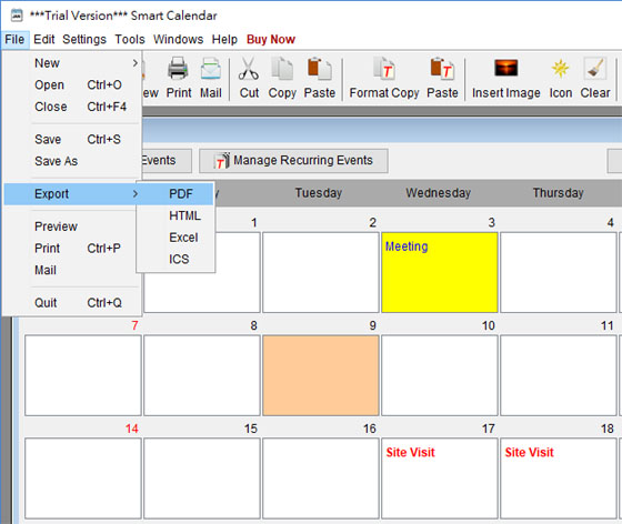 export calendar into PDF, Excel or HTML format