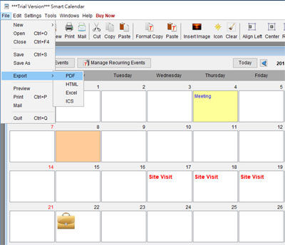 export calendar into HTML, PDF, or Excel format