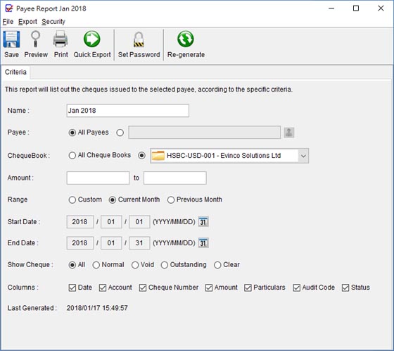 Payee Report Dialog