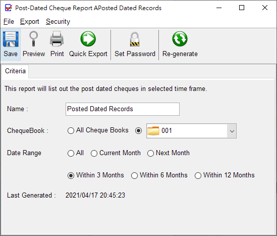 Cheque Status Report Dialog