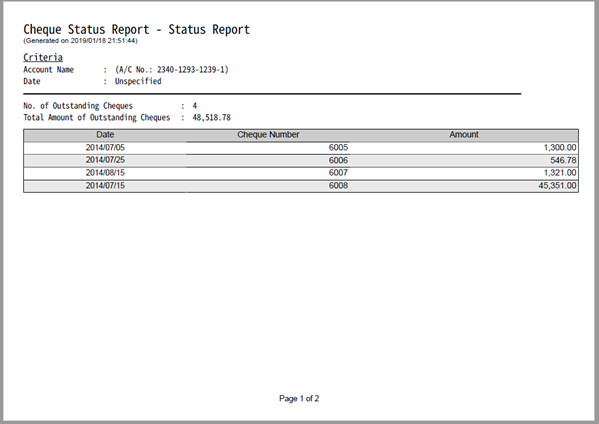 Cheque Status Report Sample
