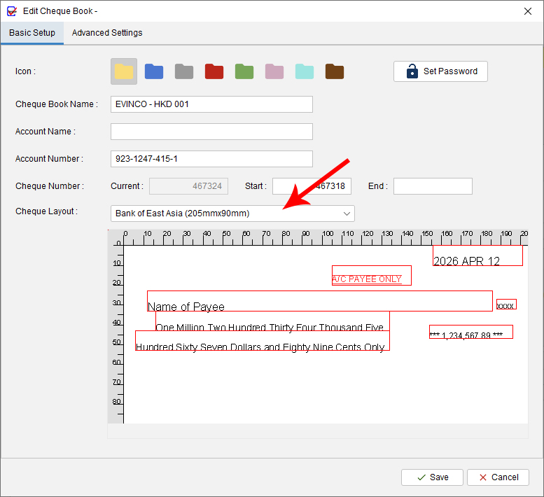 Chequebook Settings Layout