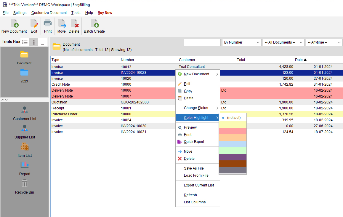 color highlight  document in document list