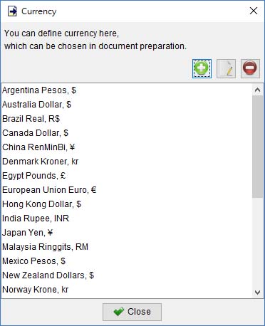 List of currency available in EasyBilling. User can add, edit or delete currency