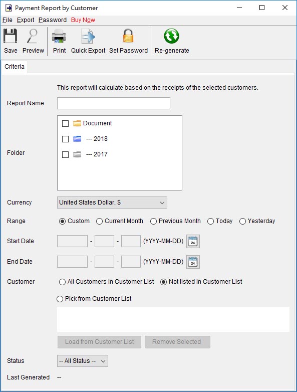 dialog for customer payment report