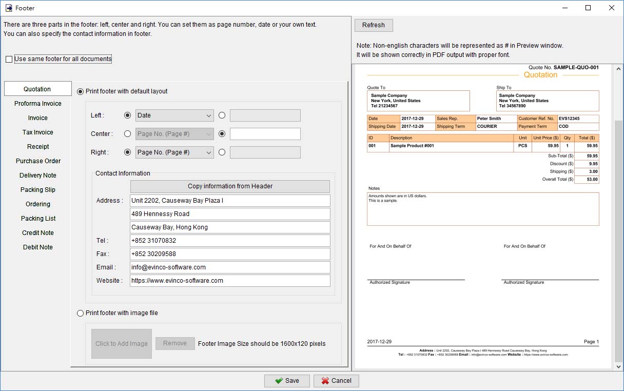 Specify footer for different documents