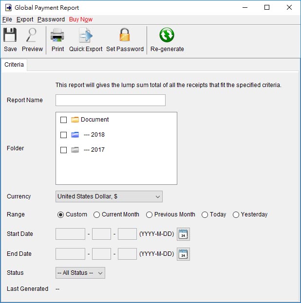 Dialog for global payment report