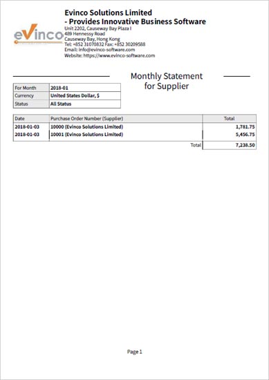 monthly statement for supplier sample