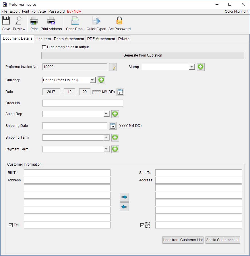 General info for Proforma Invoice