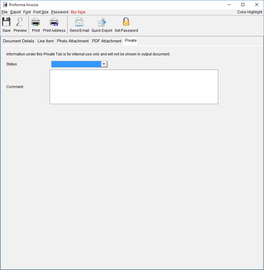 private tab of Proforma Invoice