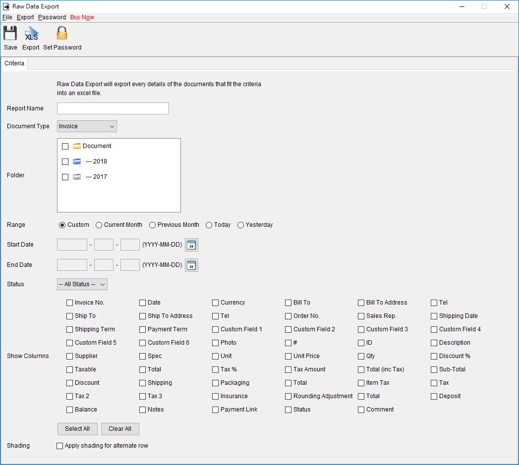 dialog for raw data export in EasyBilling