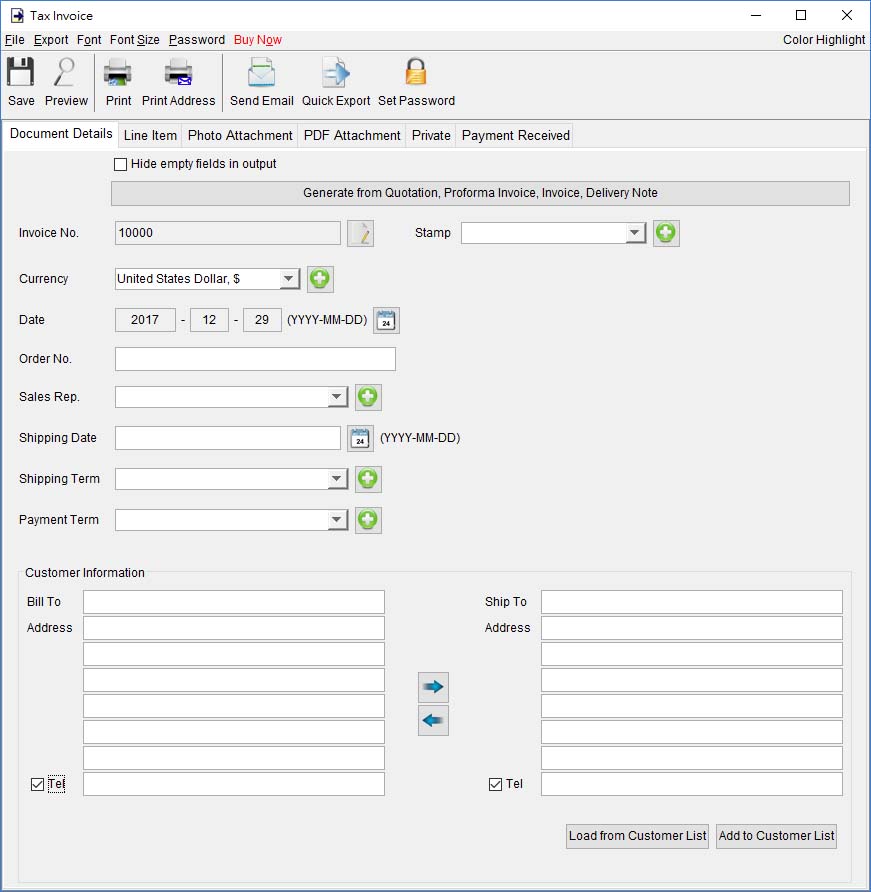 General info in Tax Invoice