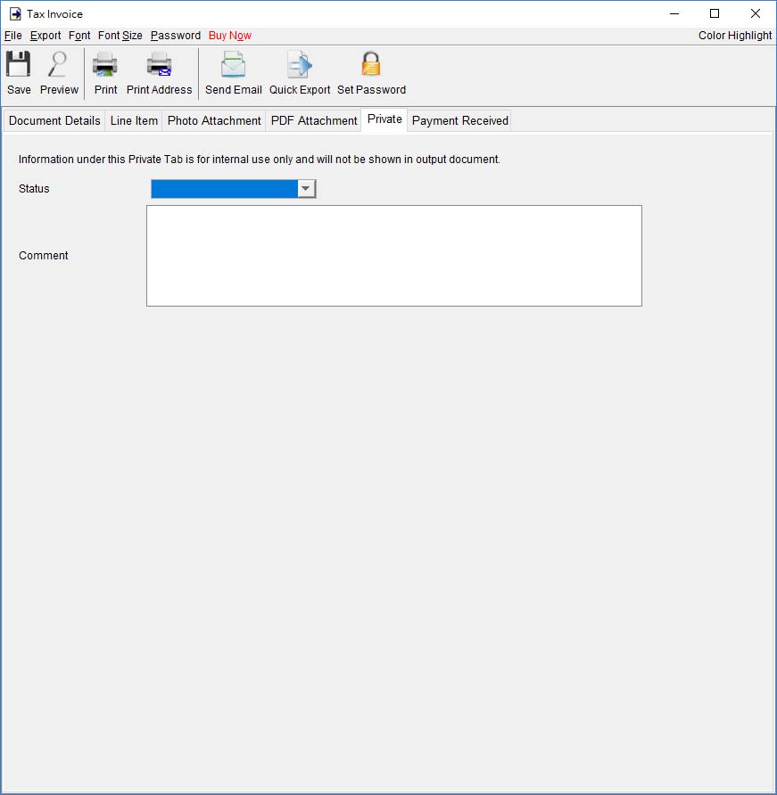 private tab of Tax Invoice