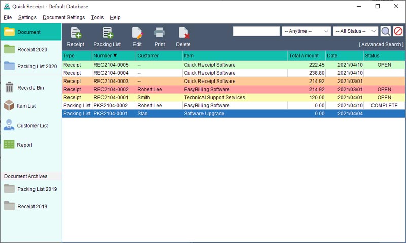 Main Screen of Quick Receipt Software