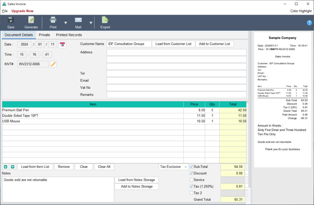 Sales Invoice - Quick Receipt Help Center